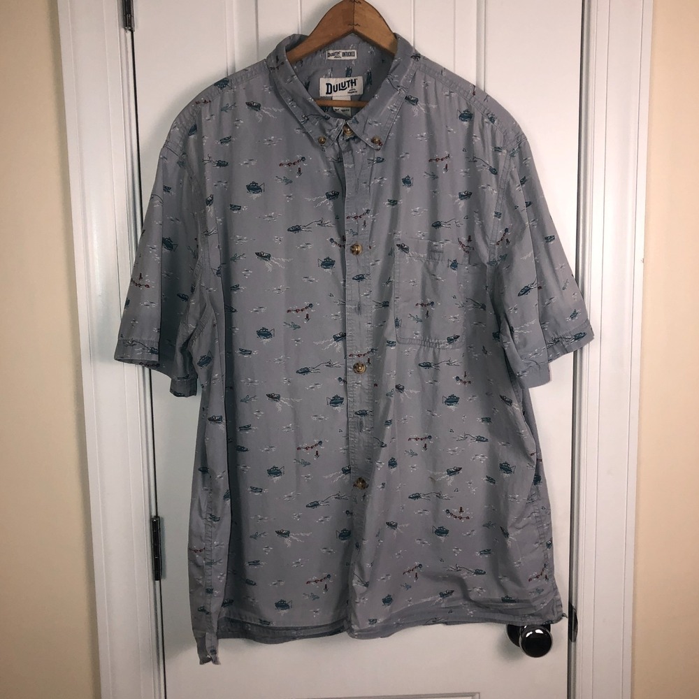 Duluth Trading Untucked Shirt 2XL Tall SS Button Down Blue‎ Fishing Boating AOP